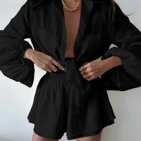 Linen shorts skirt shirt set Black